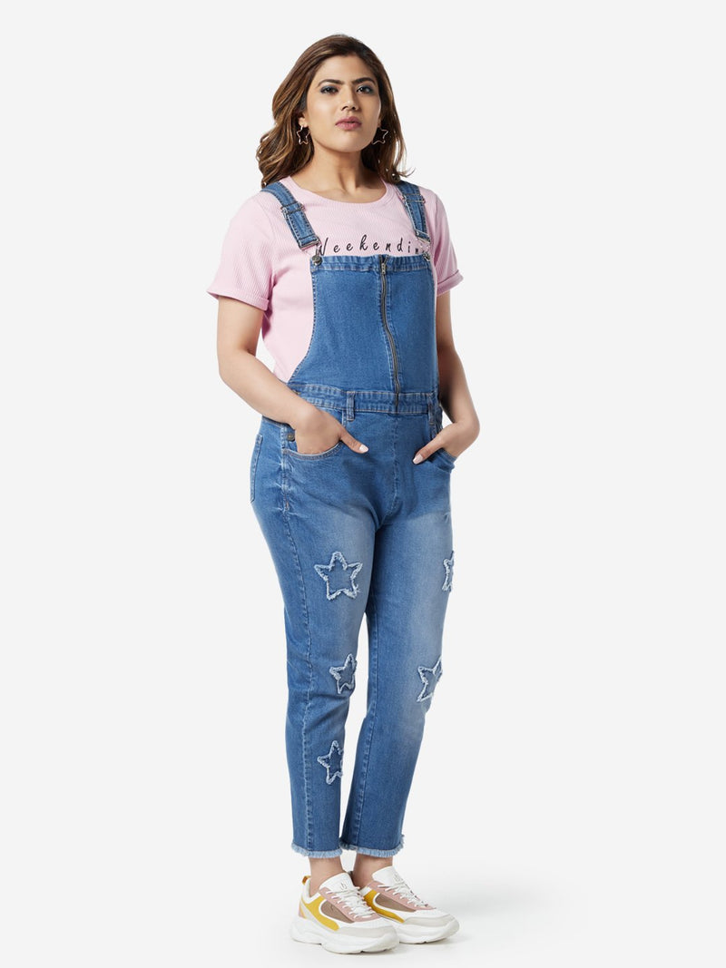 Sassy Soda Curve Blue Star Patterned Dungarees