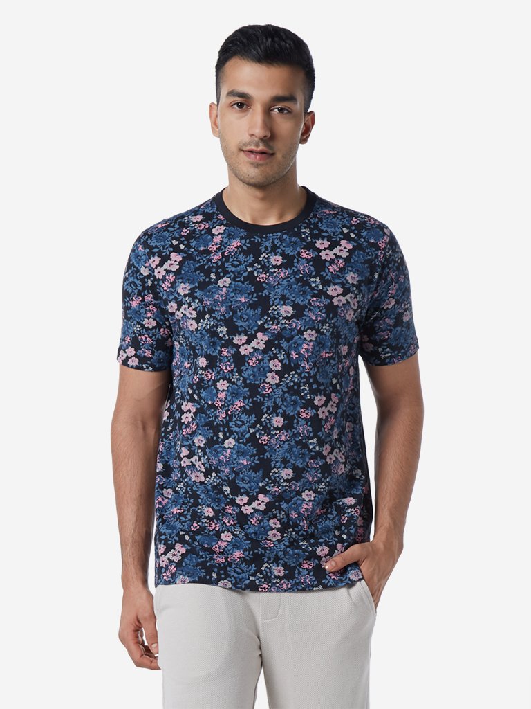 ETA Navy Slim Fit Floral Printed T-Shirt