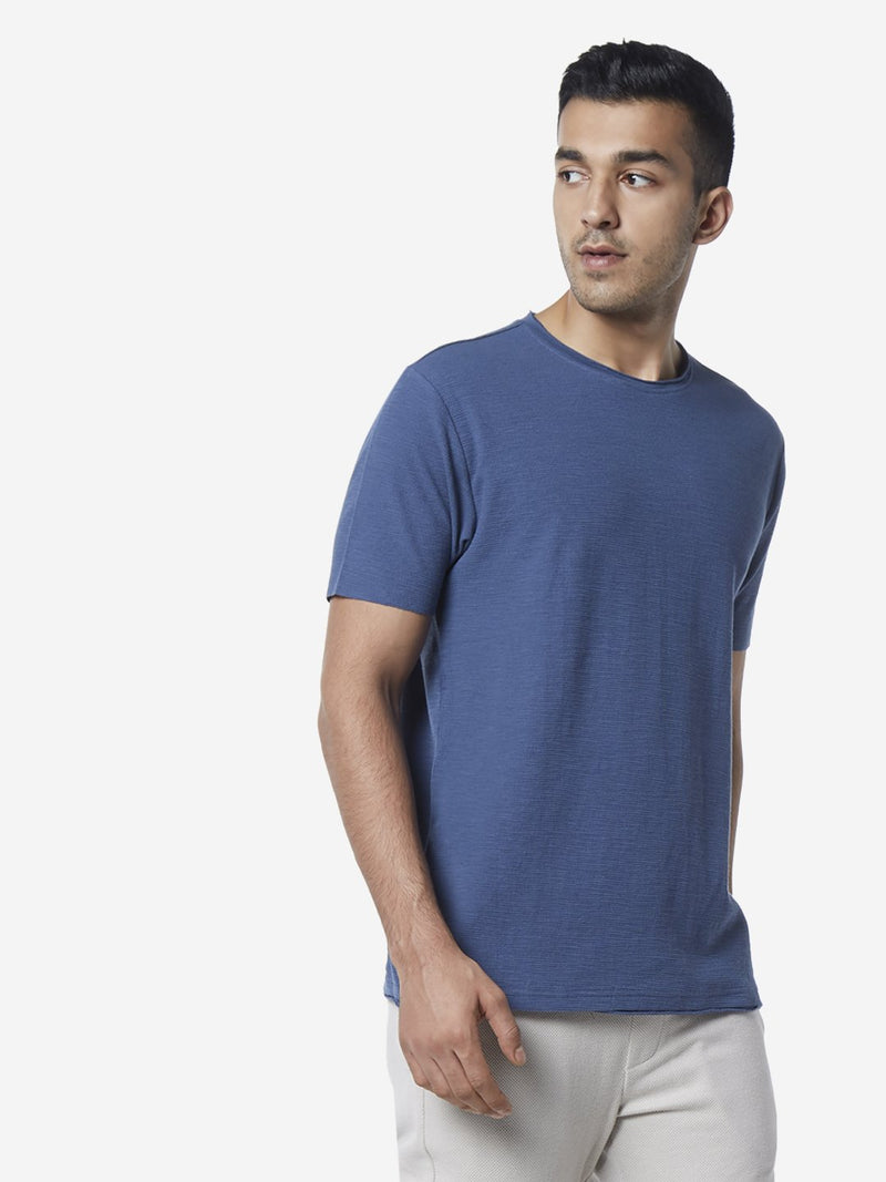 ETA Dark Blue Slim Fit Textured Crewneck T-Shirt