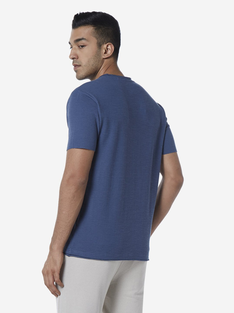 ETA Dark Blue Slim Fit Textured Crewneck T-Shirt