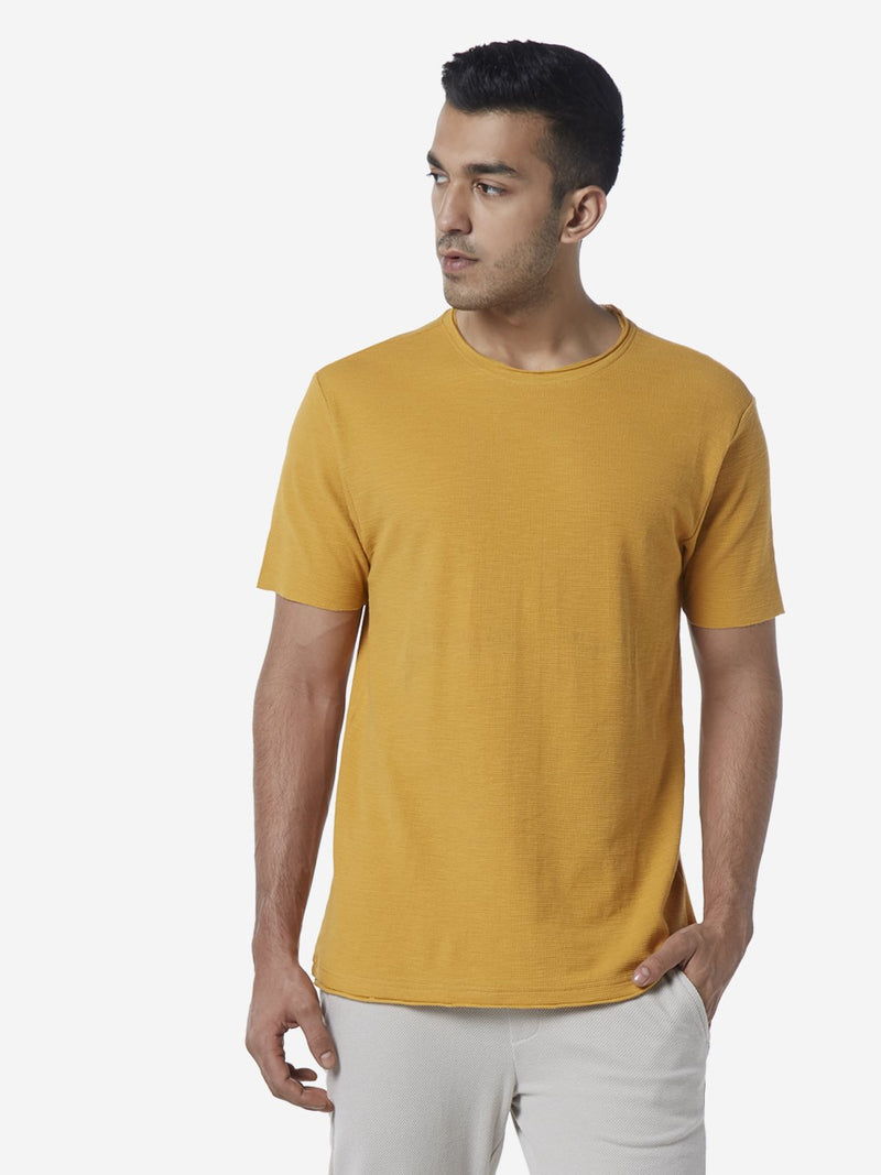 ETA Mustard Slim Fit Textured Crewneck T-Shirt