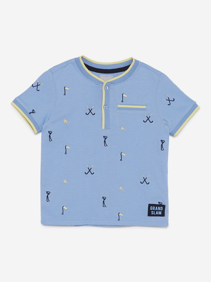 HOP Kids Blue Embroidered Pure-Cotton T-Shirt