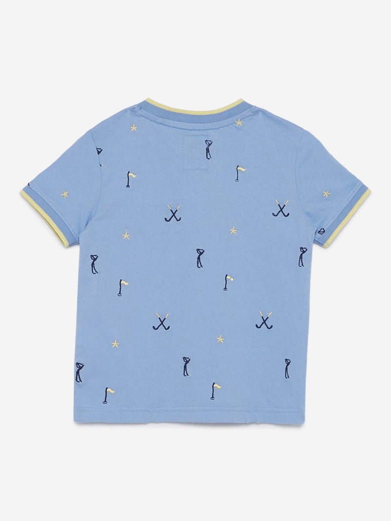 HOP Kids Blue Embroidered Pure-Cotton T-Shirt