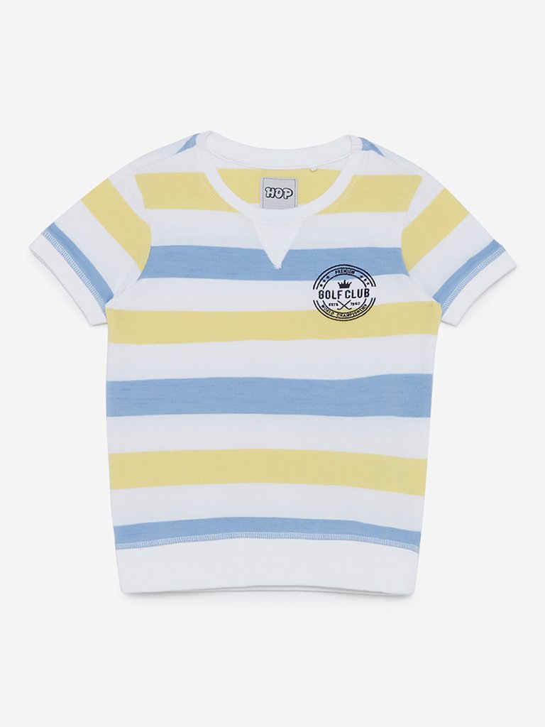 HOP Kids White Stripe Printed Crewneck T-Shirt