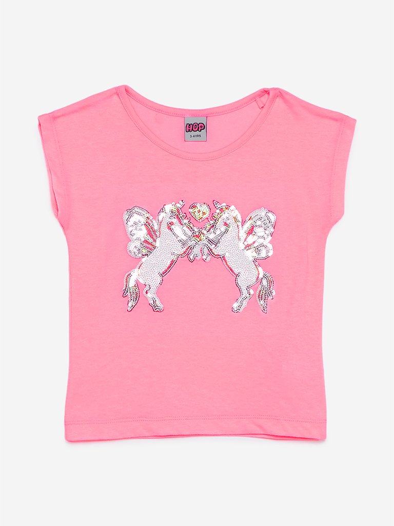 HOP Kids Neon Pink Unicorn Design T-Shirt