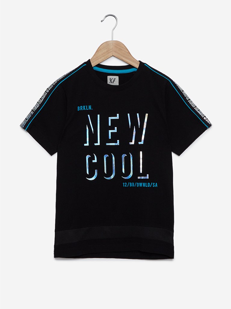 Y&F Kids Black Holographic Text Print T-Shirt