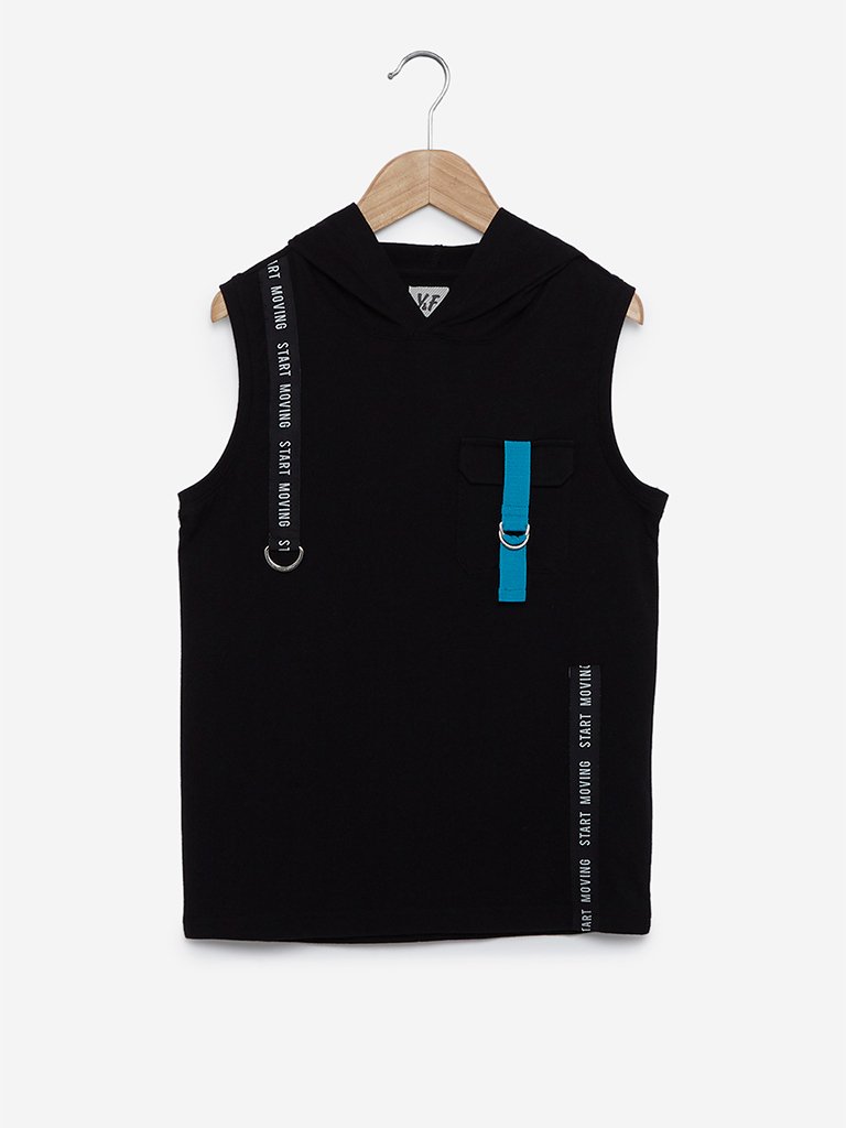 Y&F Kids Black Tape Detailed Hooded Tank T-Shirt