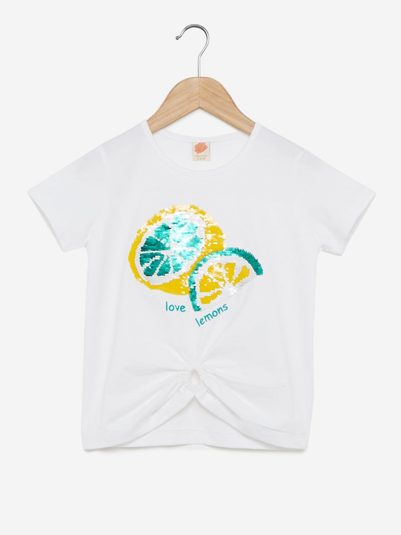 Y&F Kids White Sequin-Detailed Matte T-Shirt
