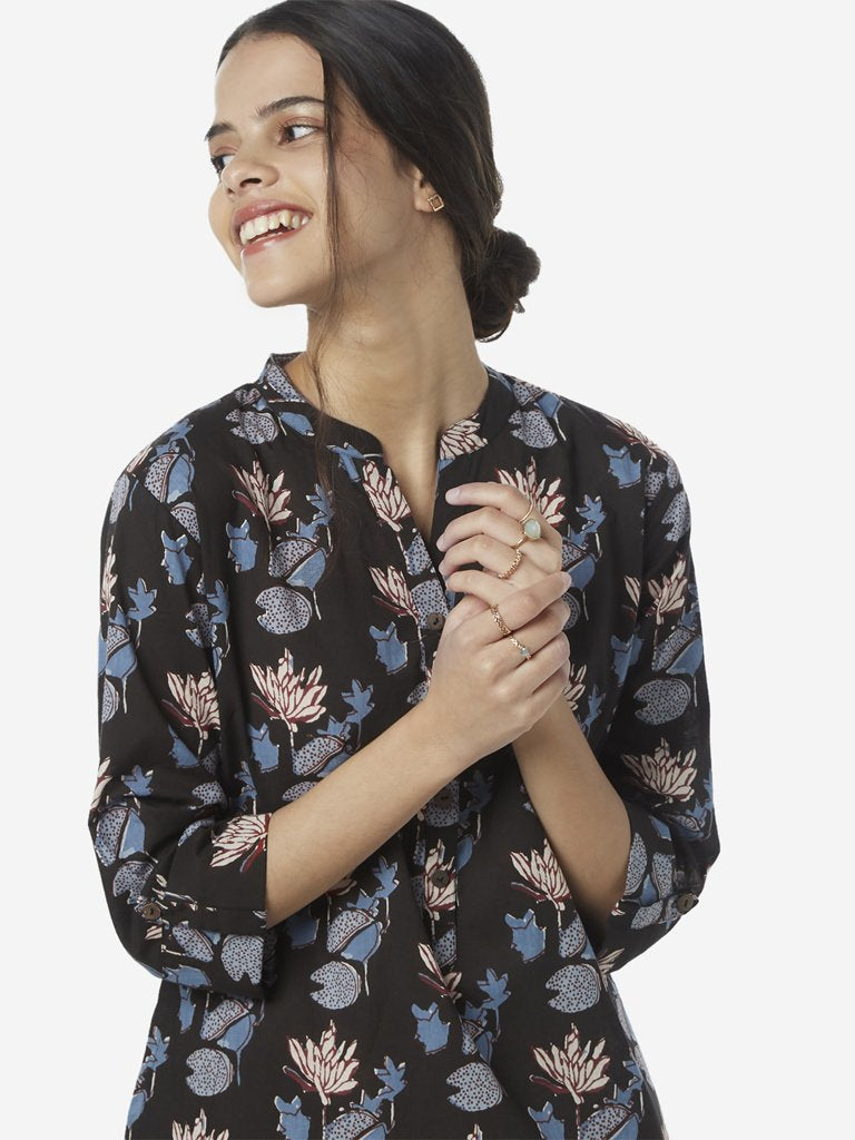 Utsa Black Lotus Printed Straight Cotton Kurta