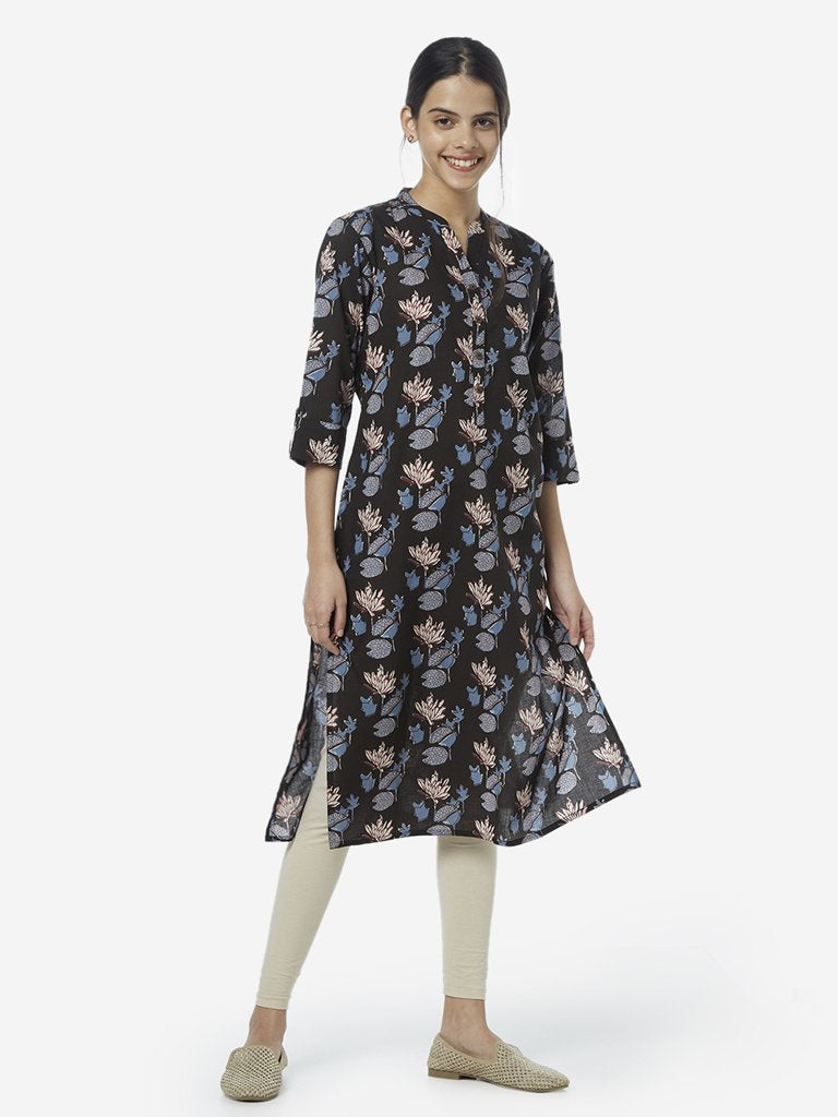 Utsa Black Lotus Printed Straight Cotton Kurta