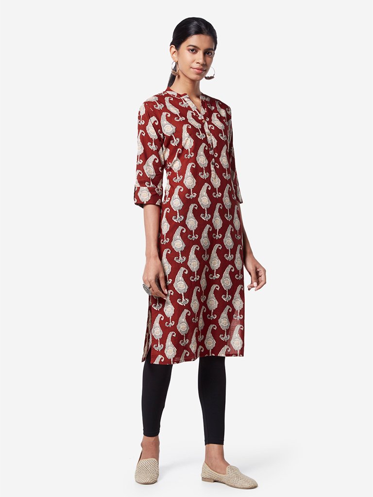 Utsa Red Ethnic Printed Straight Kurta
