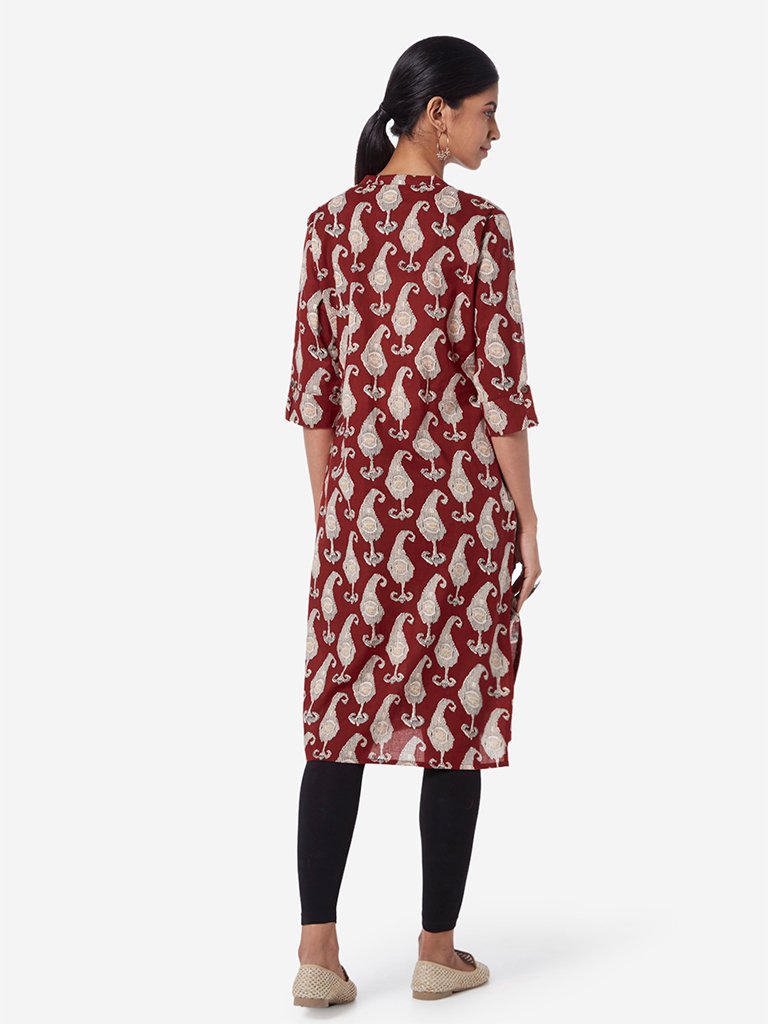 Utsa Red Ethnic Printed Straight Kurta
