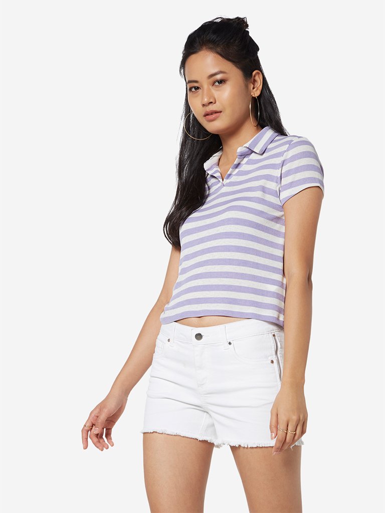 Nuon Lavender Striped Adder Crop Polo T-Shirt