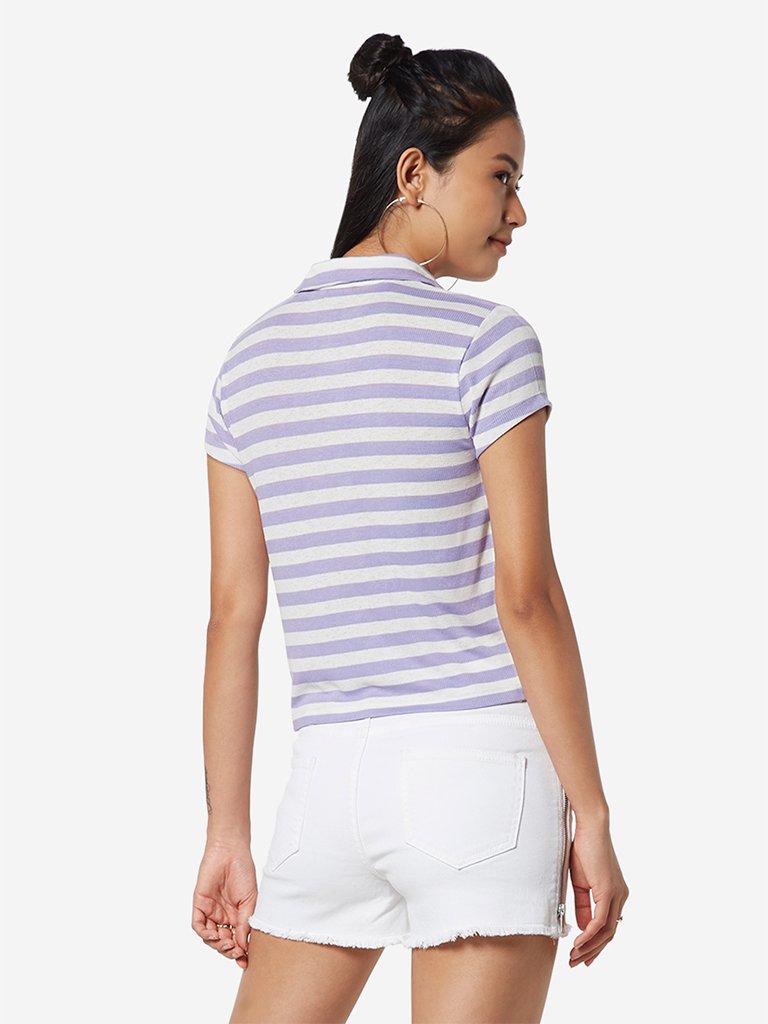 Nuon Lavender Striped Adder Crop Polo T-Shirt