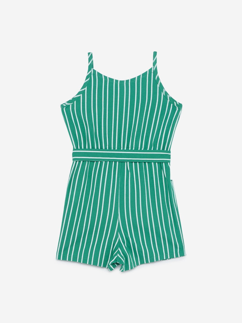 HOP Kids Green Striped Jumpsuit With Belt