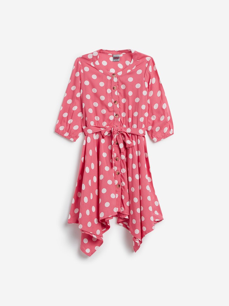 HOP Kids Pink Polka Dot Zaima Dress with Belt