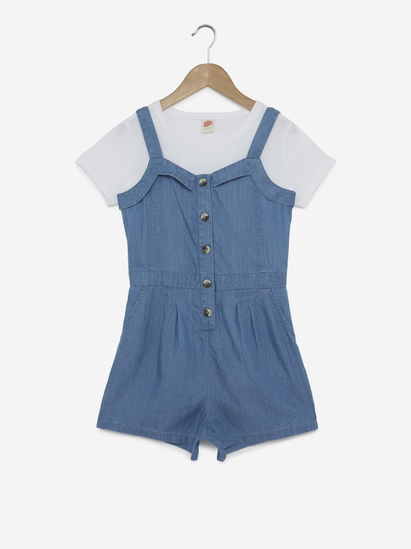 Y&F Kids Blue Dungarees And White T-Shirt Set