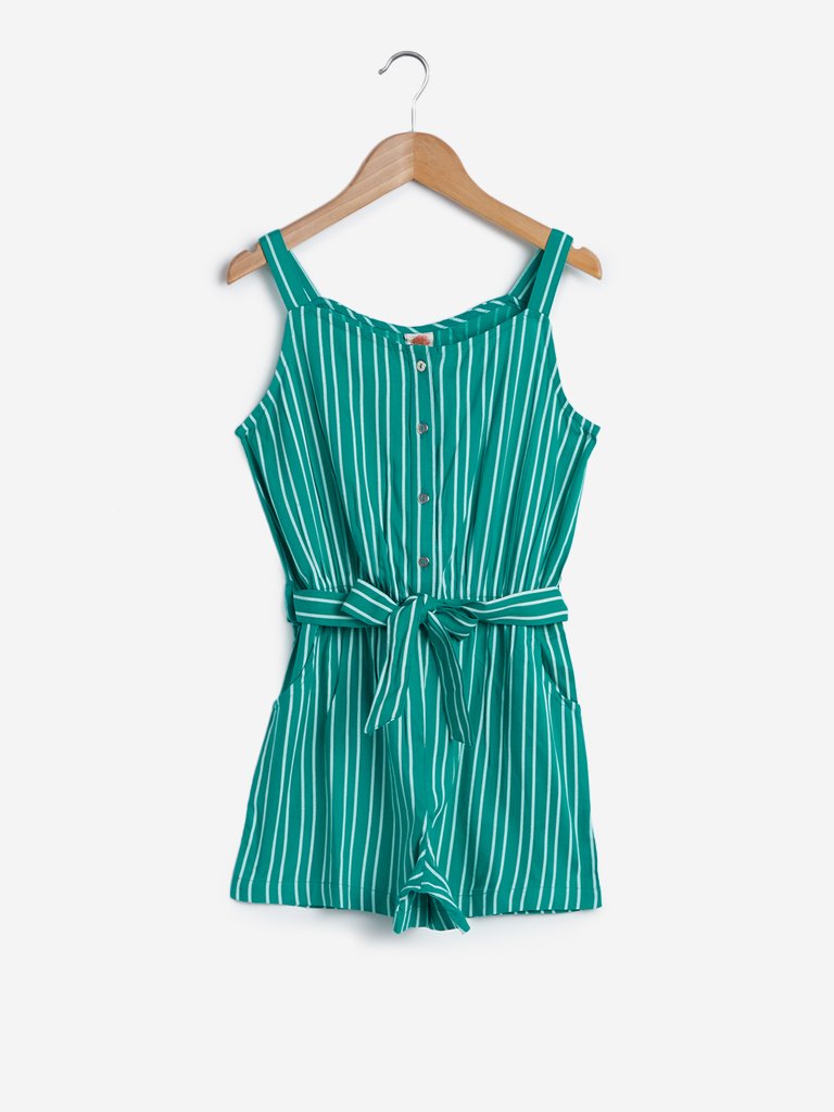 Y&F Kids Green Striped Jumpsuit With Belt