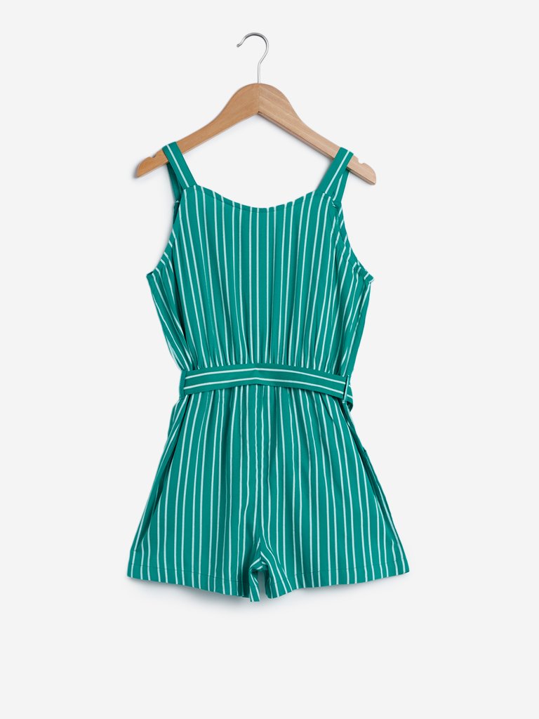 Y&F Kids Green Striped Jumpsuit With Belt