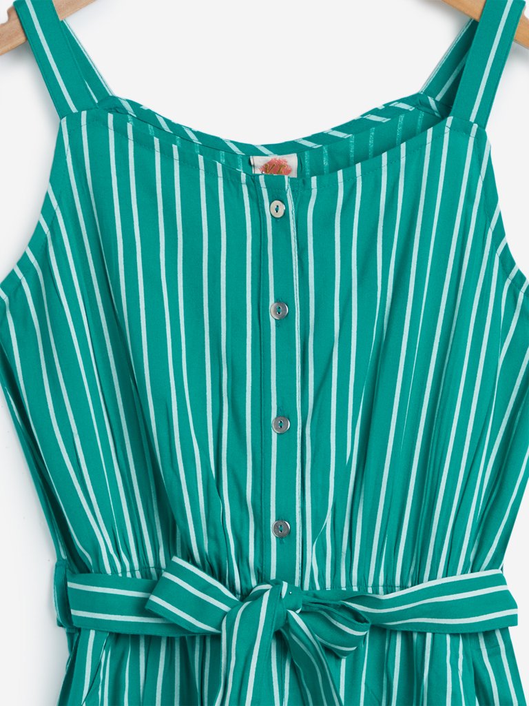 Y&F Kids Green Striped Jumpsuit With Belt
