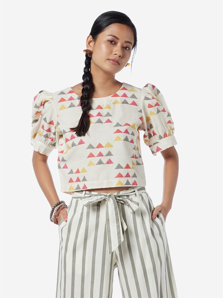 Bombay Paisley Off White Triangle Print Crop-Top