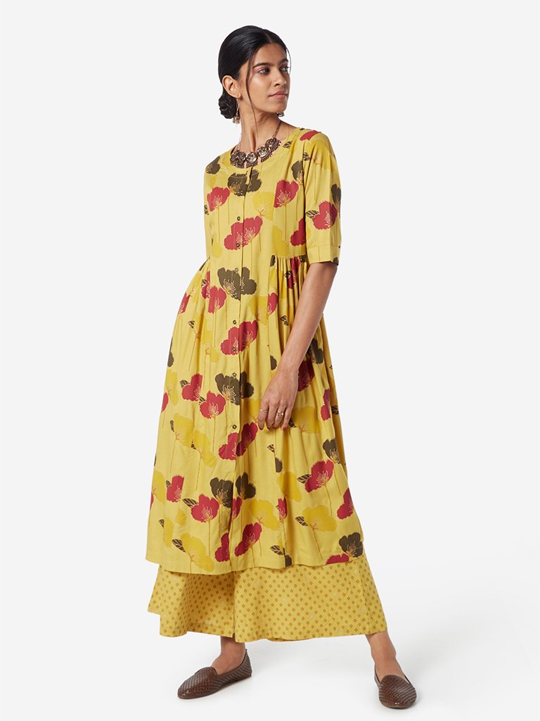 Utsa Mustard Floral Fit-And-Flare Kurta