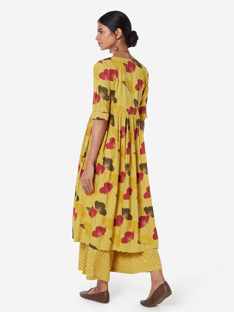 Utsa Mustard Floral Fit-And-Flare Kurta