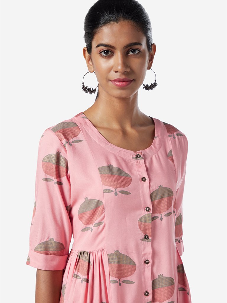 Utsa Blush Pink Printed Fit-And-Flare Kurta