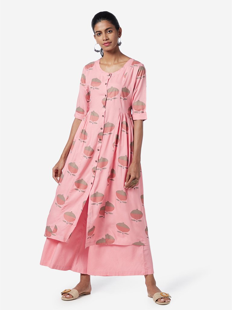 Utsa Blush Pink Printed Fit-And-Flare Kurta