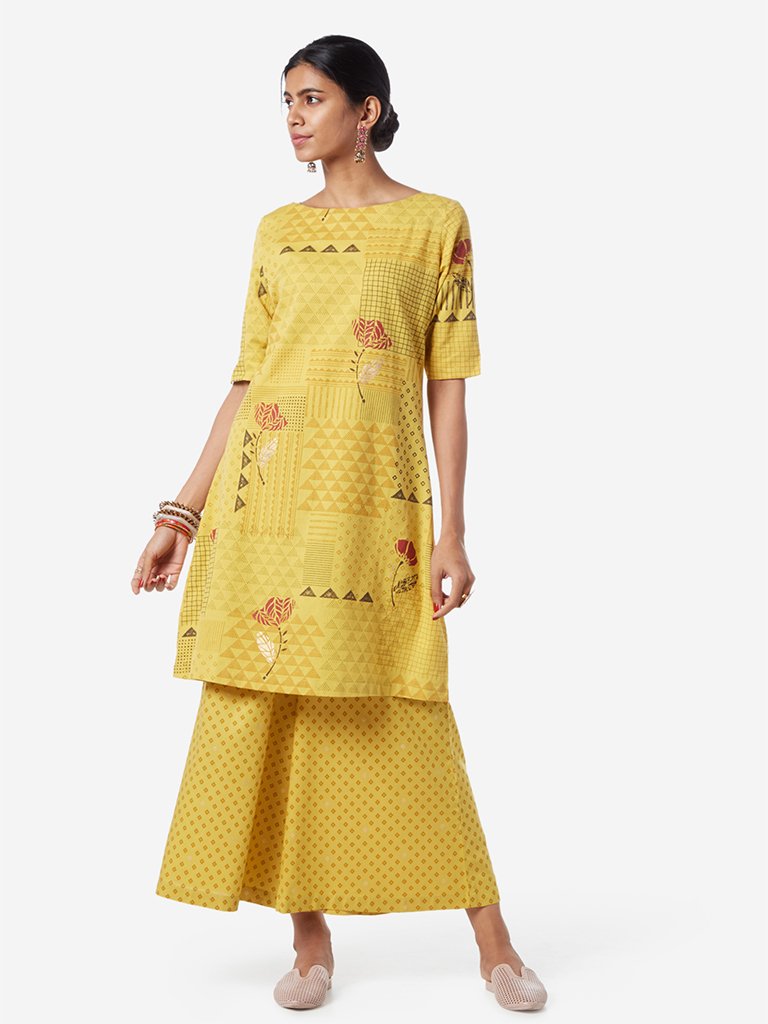 Utsa Mustard Printed A-line Kurta