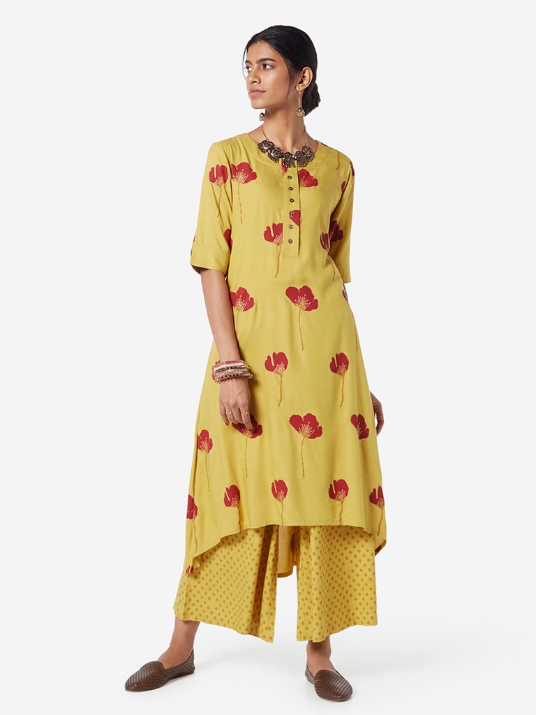 Utsa Mustard Floral Print High-Low Kurta