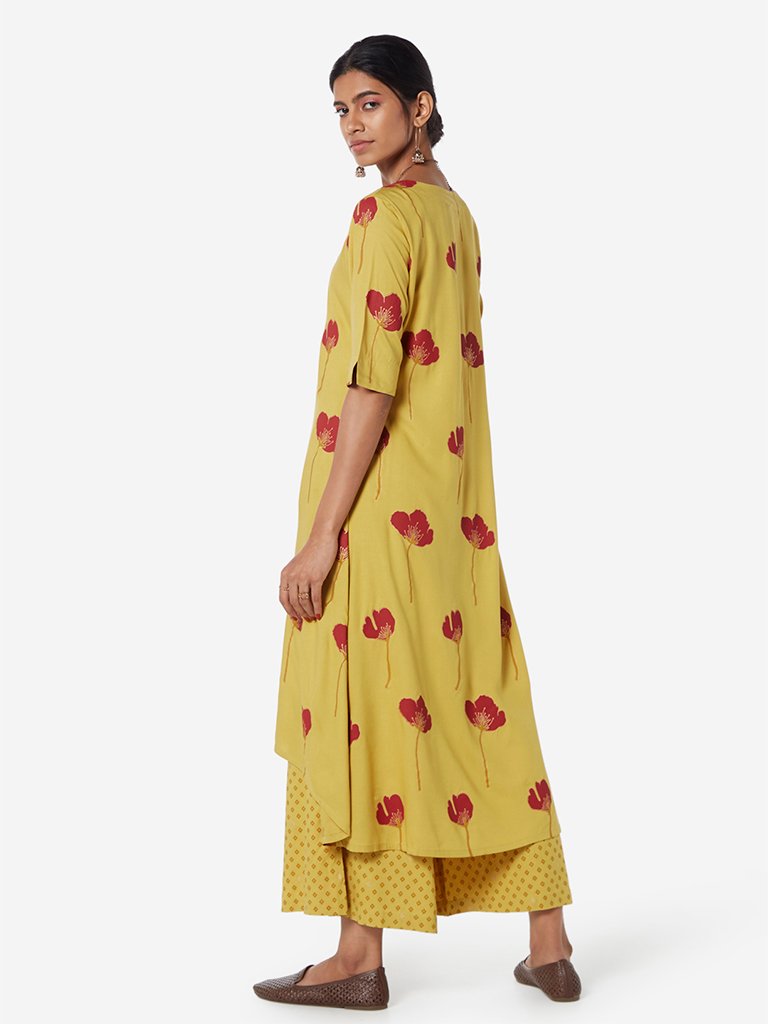 Utsa Mustard Floral Print High-Low Kurta