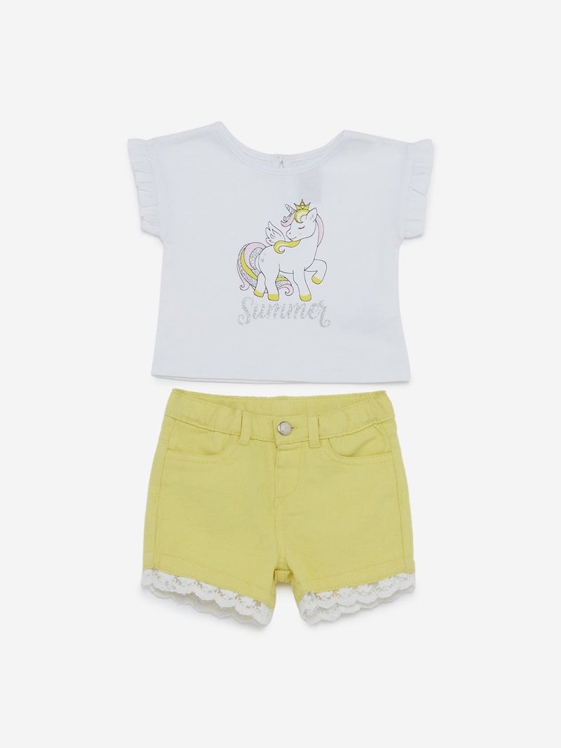 Baby HOP White Unicorn T-Shirt And Shorts Set
