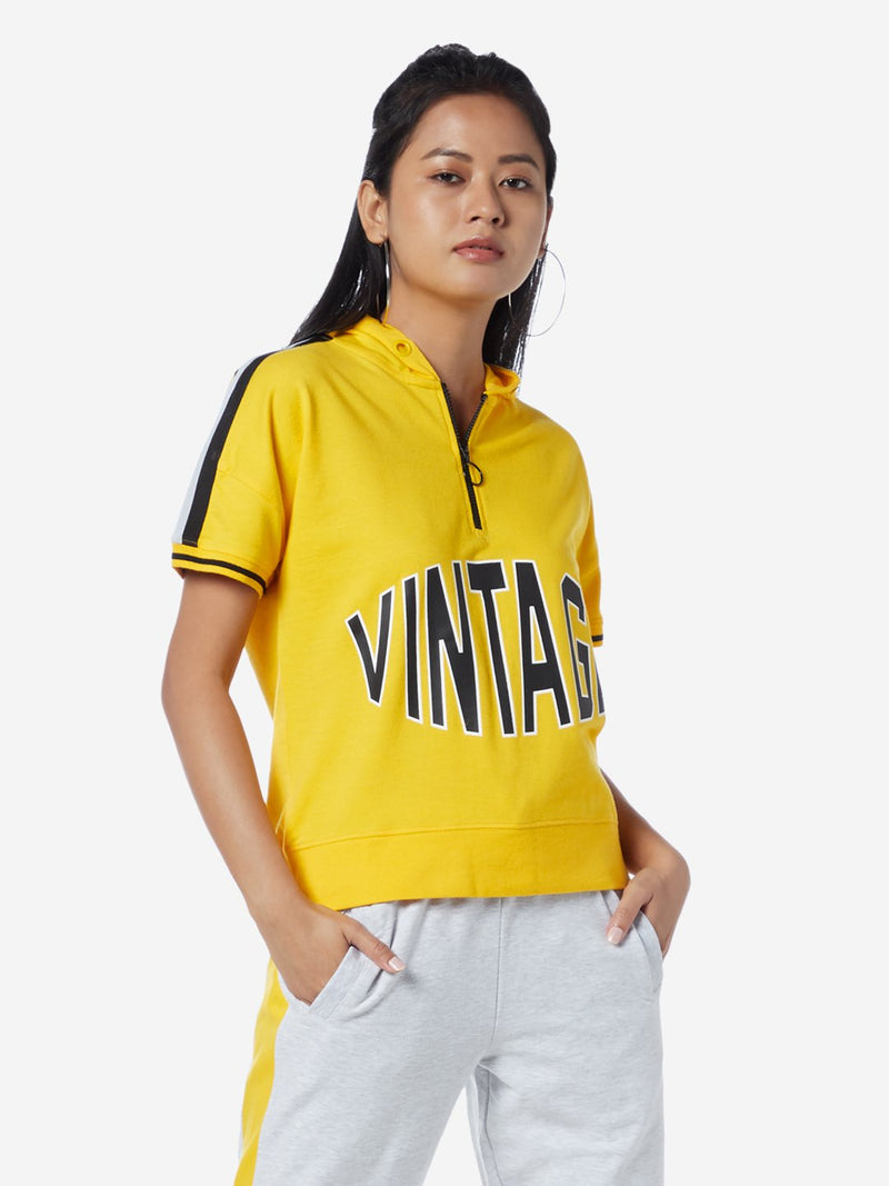 Studiofit Yellow Text Pattern Hooded Sweatshirt