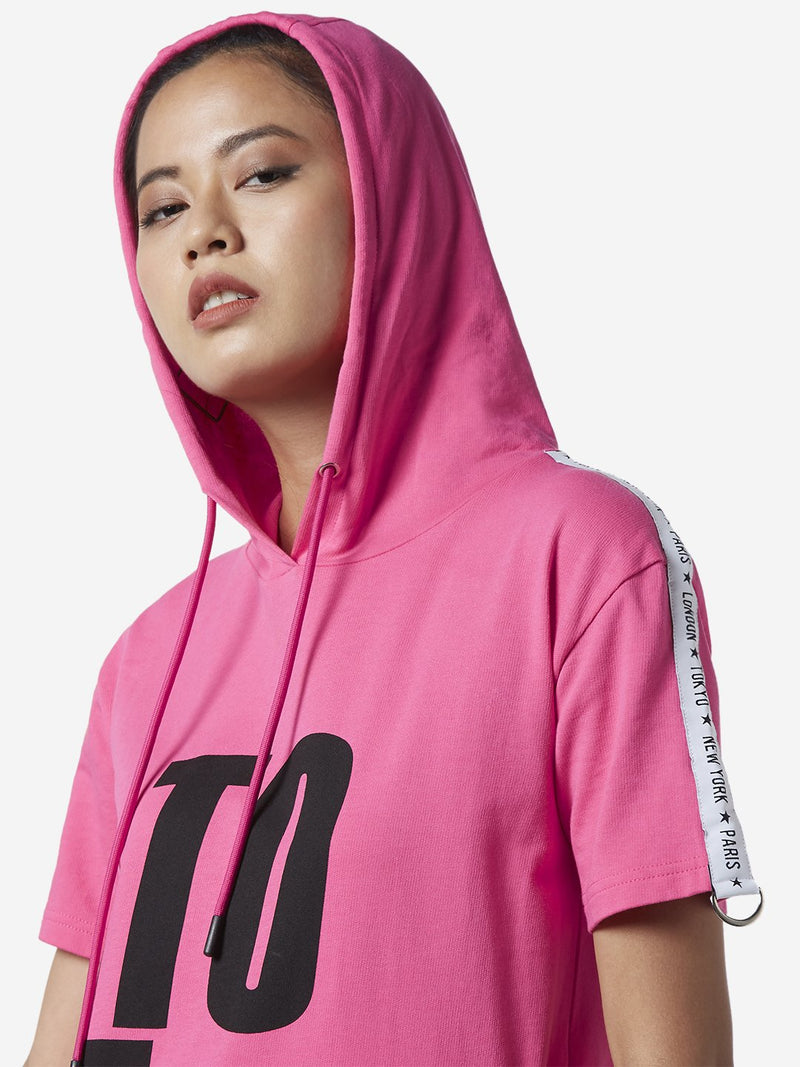 Studiofit Pink Text Printed Hooded Dress