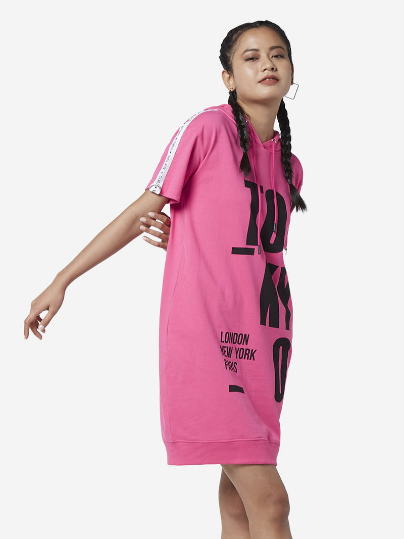 Studiofit Pink Text Printed Hooded Dress