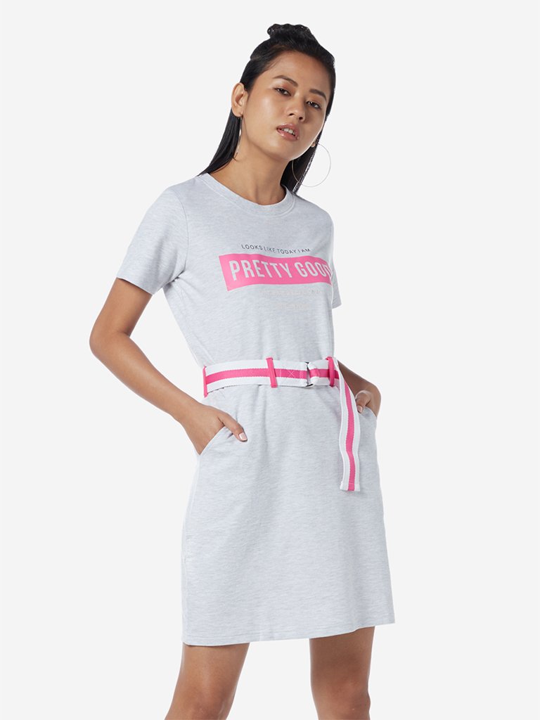 Studiofit Grey Text Print Dress With Belt