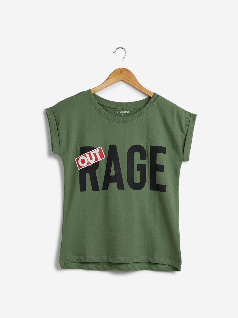 Studiofit Olive Text Printed T-Shirt