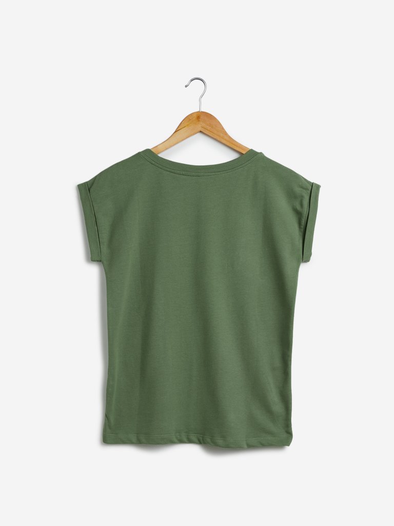 Studiofit Olive Text Printed T-Shirt