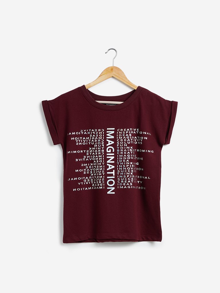 Studiofit Maroon Typographic Print T-Shirt