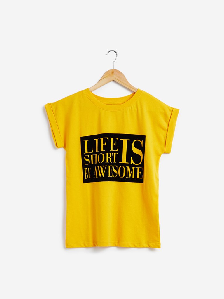 Studiofit Yellow Text Pattern T-Shirt