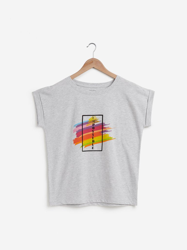 Studiofit Grey Melange Printed Power T-Shirt