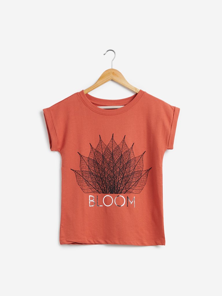 Studiofit Rust Text Print Crewneck T-Shirt