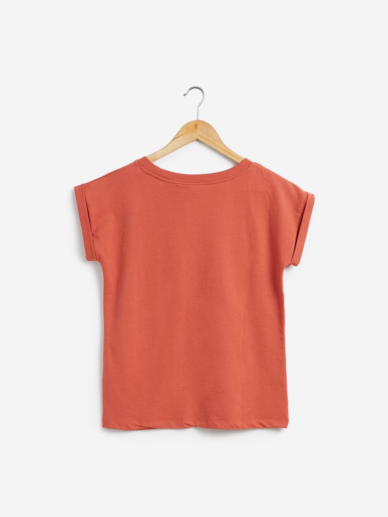 Studiofit Rust Text Print Crewneck T-Shirt