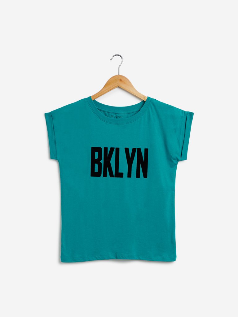 Studiofit Teal Text Printed Power T-Shirt