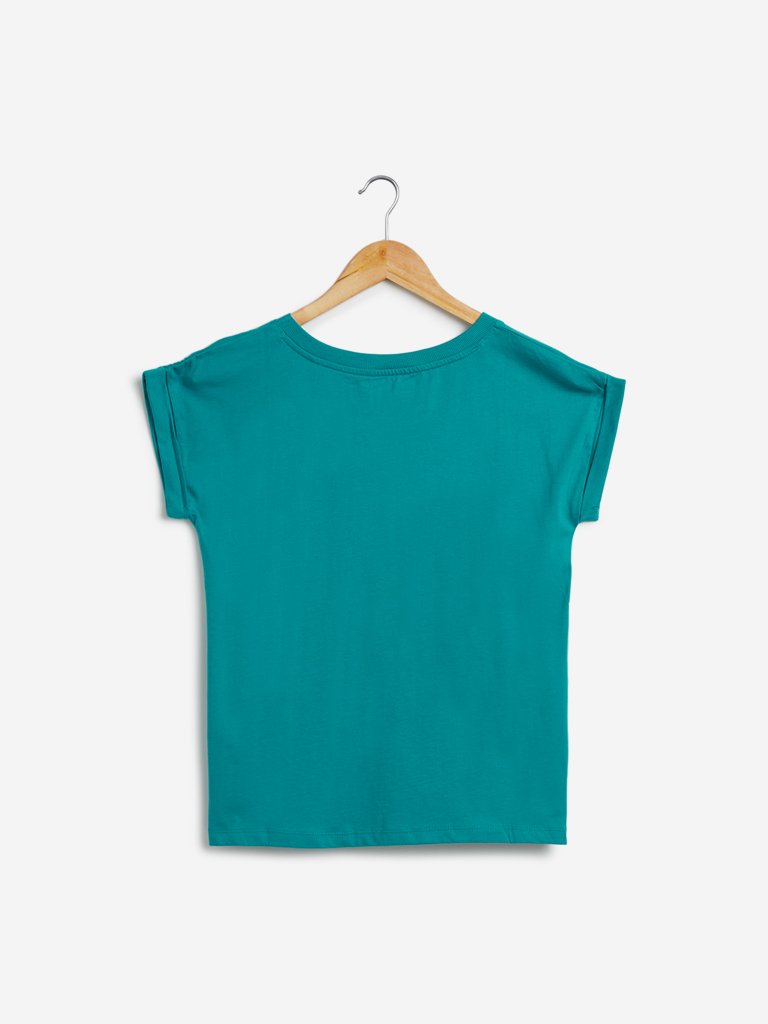 Studiofit Teal Text Printed Power T-Shirt