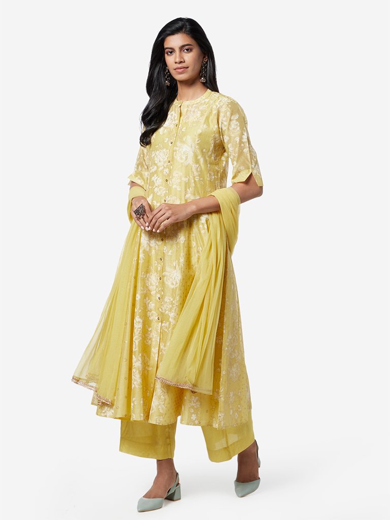 Vark Yellow Anarkali Kurta, Palazzos And Dupatta