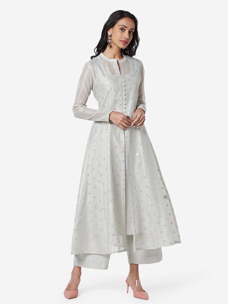 Vark Grey A-Line Kurta, Inner And Palazzos Set