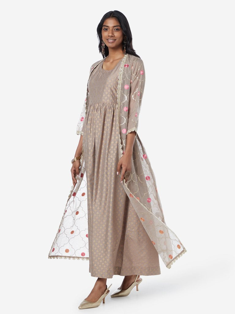 Vark Taupe Maxi Dress With Jacket Set