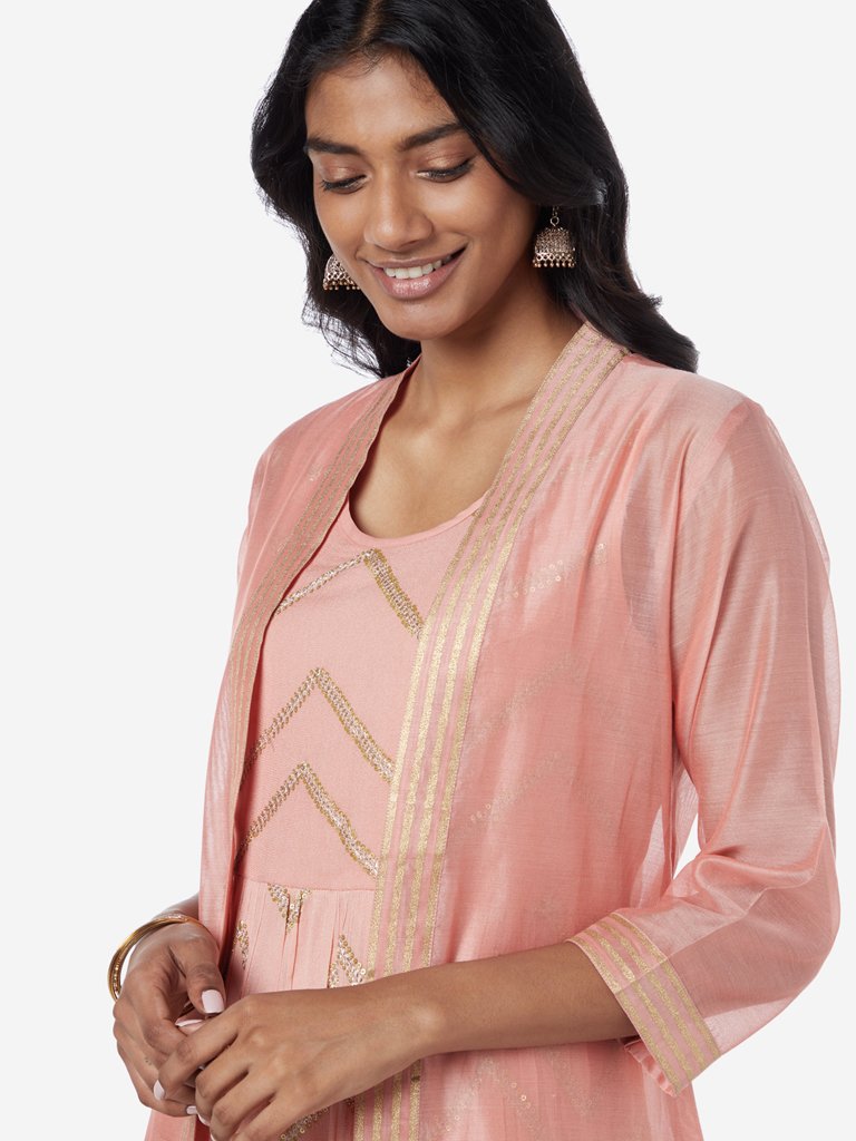 Vark Pink Chevron Pattern Maxi Dress With Jacket